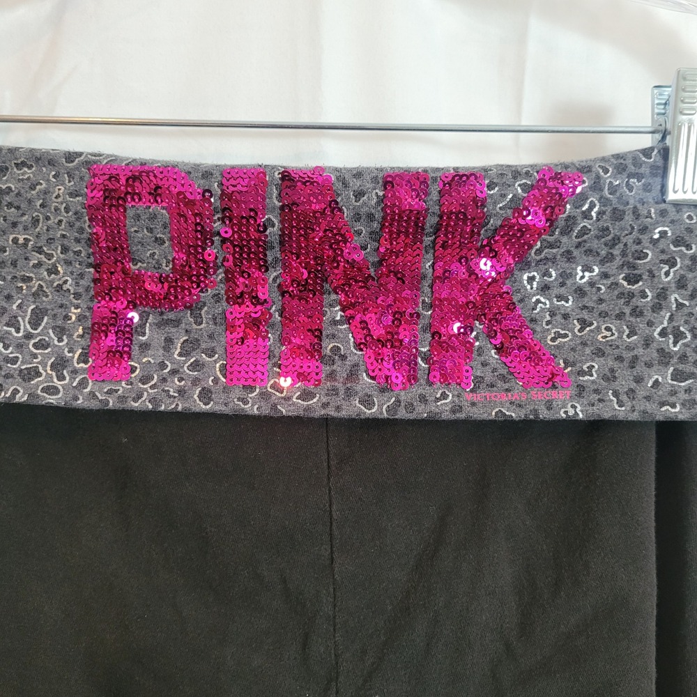 Pink Victoria's Secret Y2K Leggings Med Black Leopard Foldover Sequin Logo Capri - Picture 3 of 13